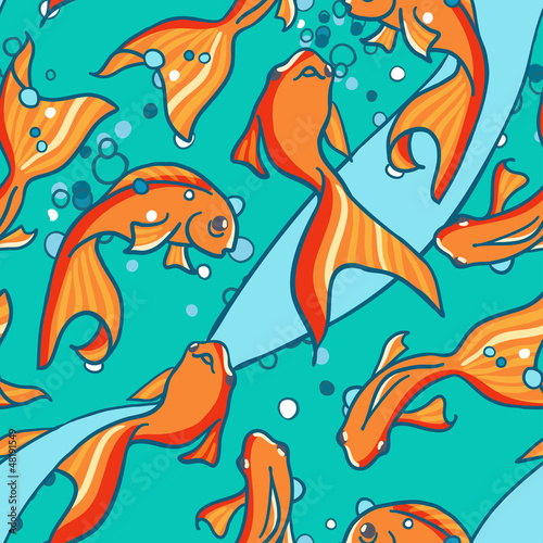 Seamless pattern of gold fishes in water.