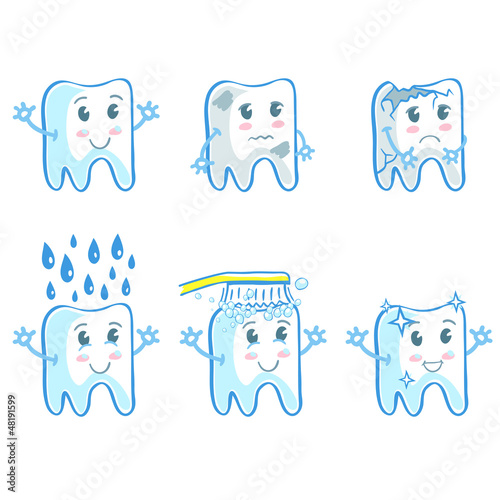 Set of six illustrations with teeth in funny cartoon style #48191599