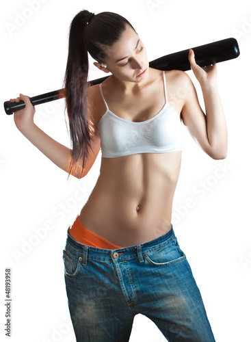Photography beautiful brunette woman with baseball bat. isolated