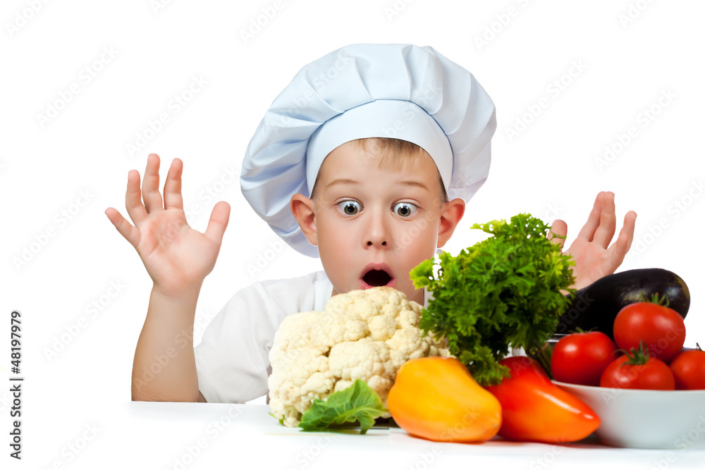 surprised cute scullion with raw vegetables surprised cute scullion with raw vegetables