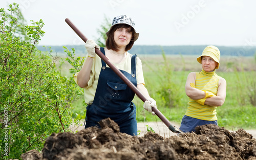  farmers works with manure at field photo