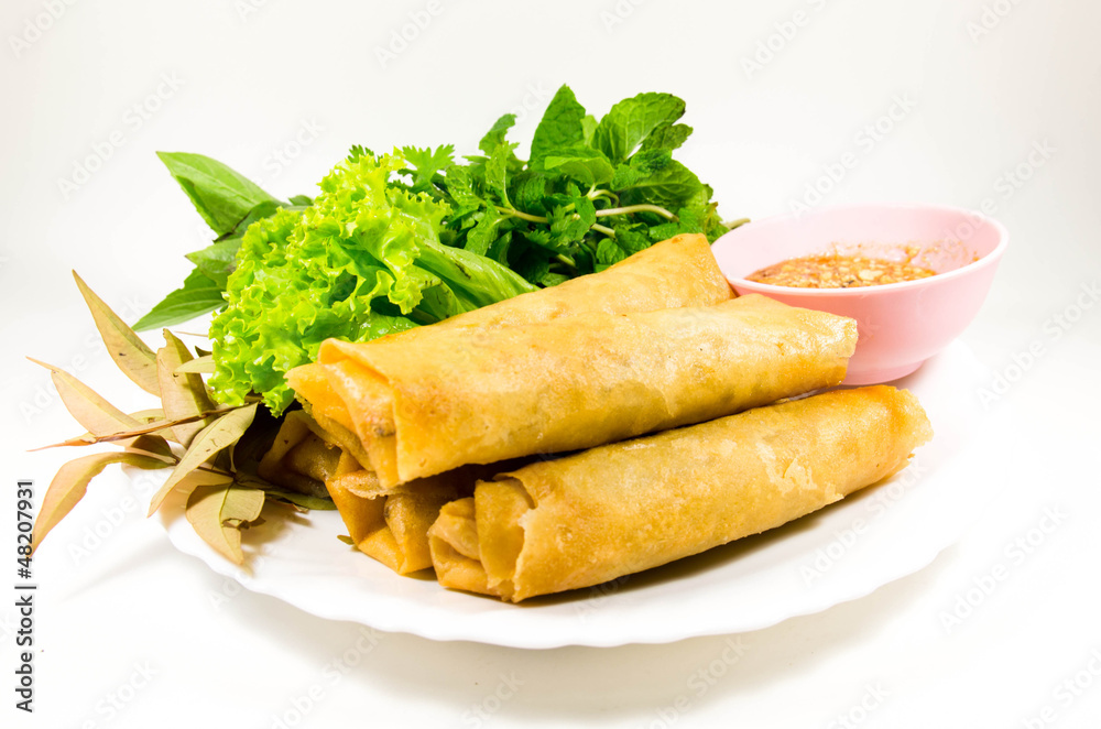crispy spring rolls on dish with vegetable crispy spring rolls on dish with vegetable