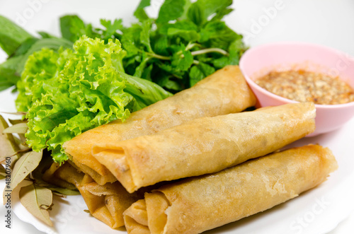 crispy spring rolls on dish with vegetable