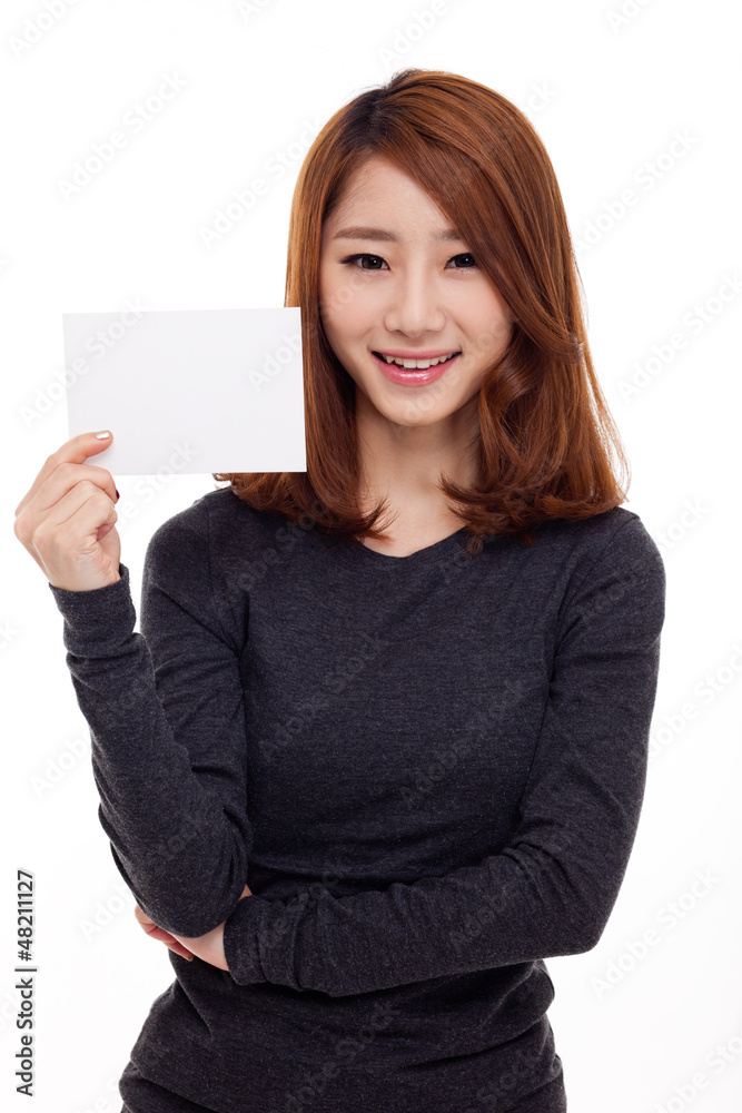 Asian woman showing empty card isolated on white background. Asian woman showing empty card isolated on white background.