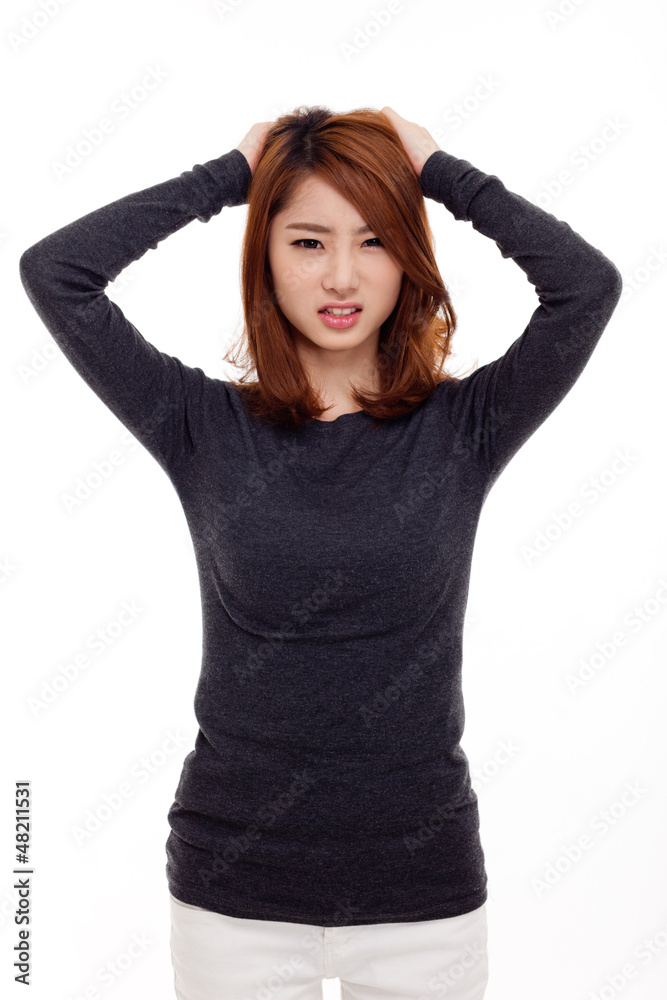 Asian woman having stress isolated on white background. Asian woman having stress isolated on white background.