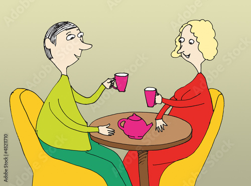 Romantic  couple of people  sitting in a cafe drinking coffee. C