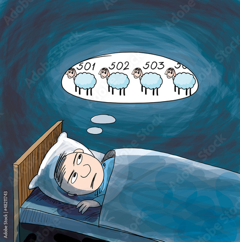 Insomnia. Man counting sheep. Cartoon illustration.