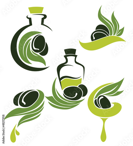green olive, leaves, bottles and oil,  signs, symbols and icons