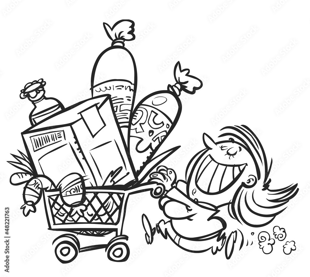 Cartoon Shopping Woman with full cart.