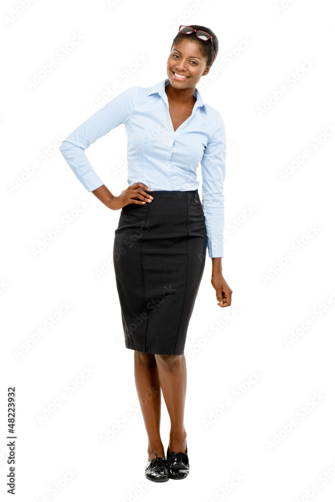 Happy African American businesswoman full length portrait on whi Happy African American businesswoman full length portrait on whi