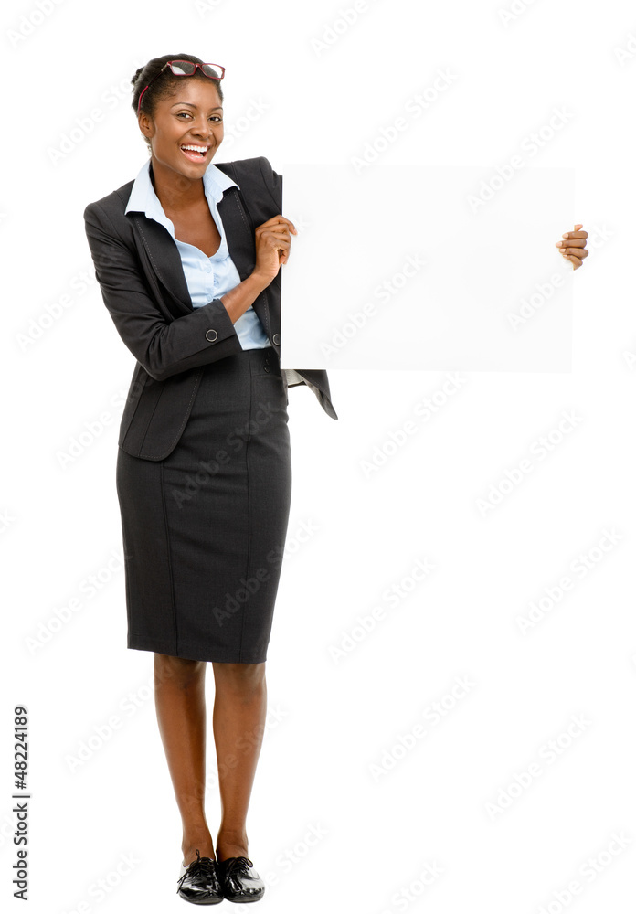 Happy African American businesswoman holding white billbaord Happy African American businesswoman holding white billbaord