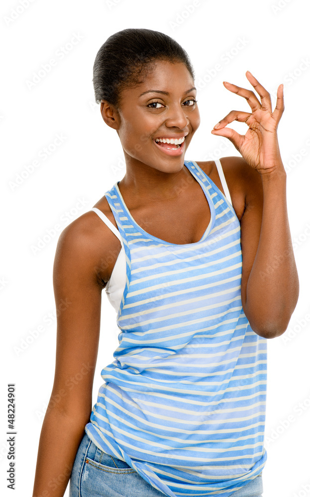 Pretty Young African American Woman okay sign isolated on white Pretty Young African American Woman okay sign isolated on white