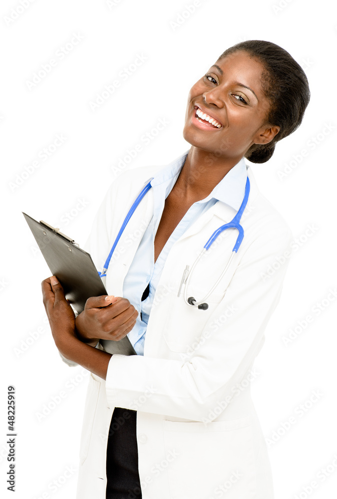 Portrait confident African American female doctor white backgrou Portrait confident African American female doctor white backgrou