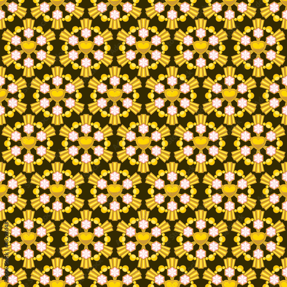 Golden seamless texture with pink gems