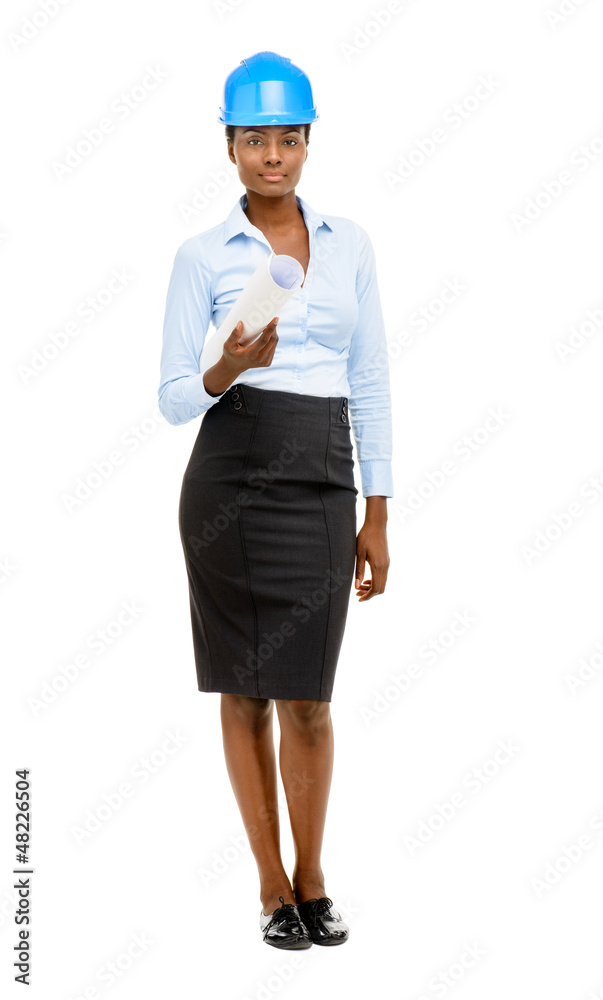 Happy African AMerican business woman architect holding blueprin Happy African AMerican business woman architect holding blueprin