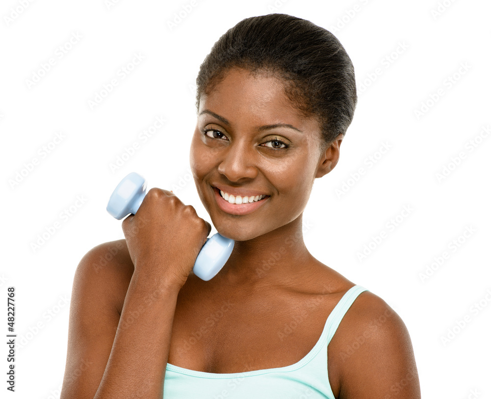 Healthy African American Woman exercising using dumbells isolate Healthy African American Woman exercising using dumbells isolate