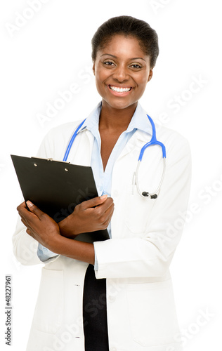 Happy African American trusted Doctor Woman isolated on white ba