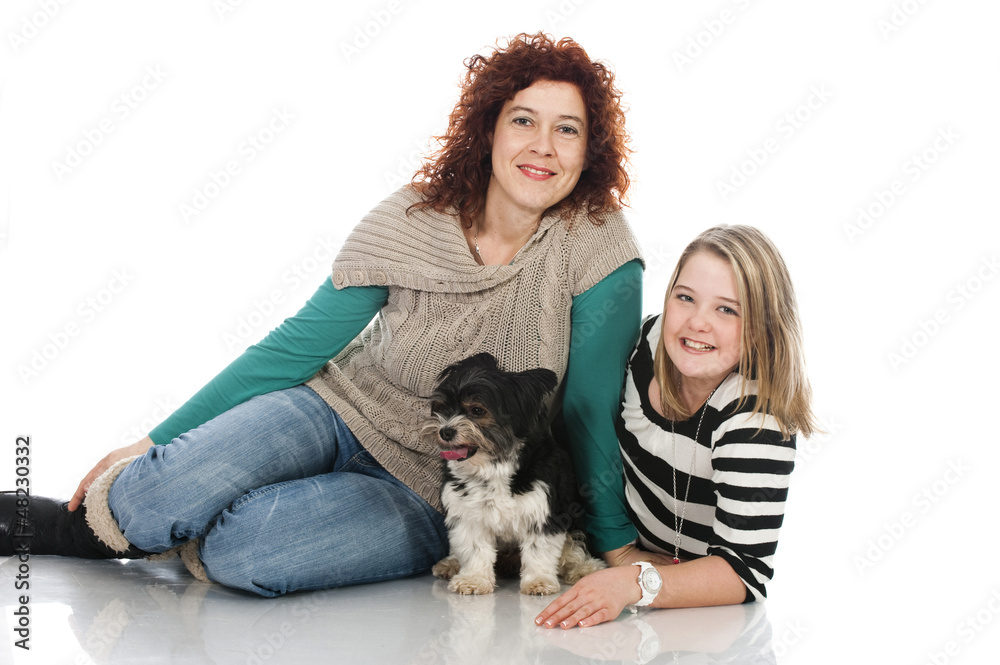 Smiling woman with child and dog