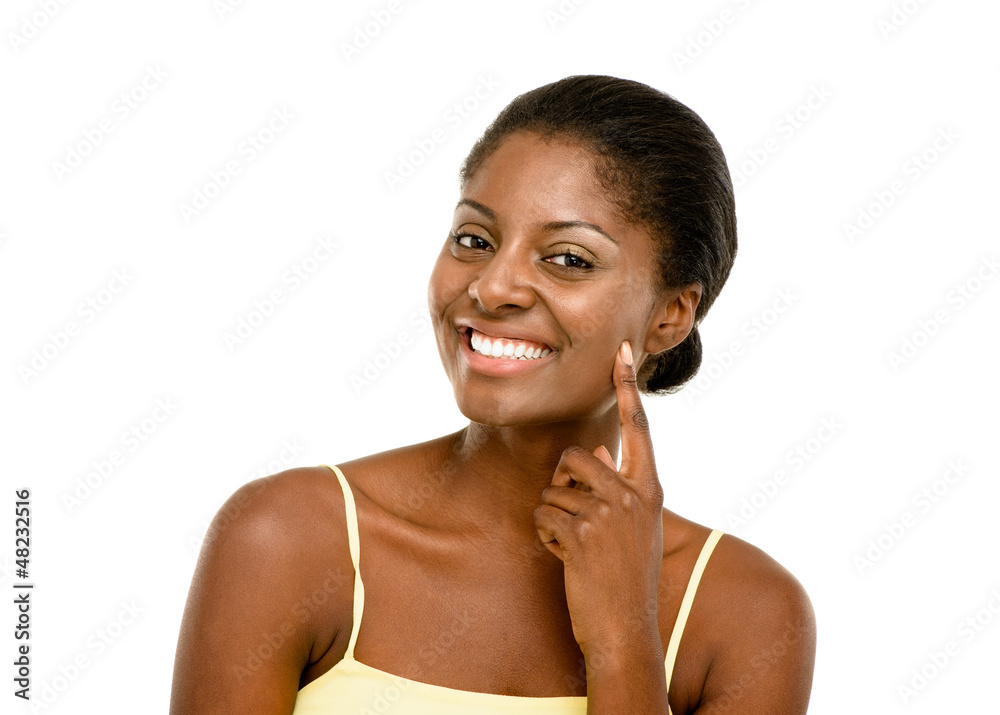 Beautiful African American woman happy isolated on white backgro Beautiful African American woman happy isolated on white backgro
