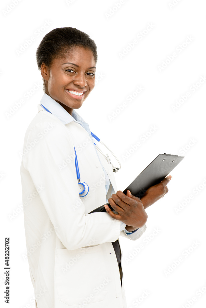 Happy African American trusted Doctor Woman isolated on white ba Happy African American trusted Doctor Woman isolated on white ba