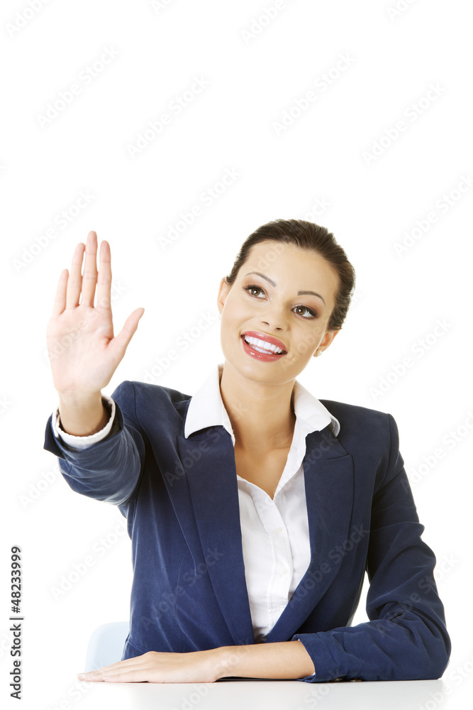 Businesswoman making choose on abstract screen Businesswoman making choose on abstract screen