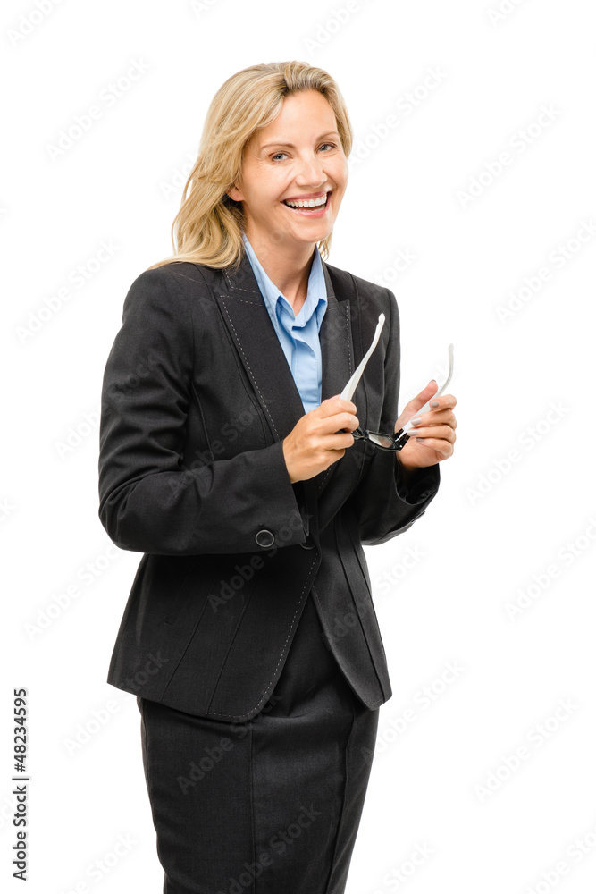 Happy mature business woman holding glasses isolated on white ba Happy mature business woman holding glasses isolated on white ba