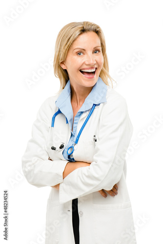 Doctor woman nurse friendly trusted happy isolated on white back