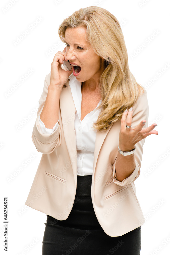 Unhappy woman fighting using mobile phone isolated on white back Unhappy woman fighting using mobile phone isolated on white back