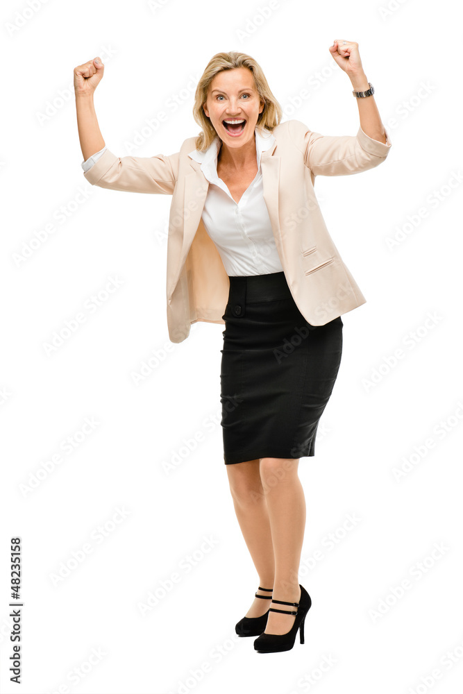 Mature business woman celebrating success full length isolated o
