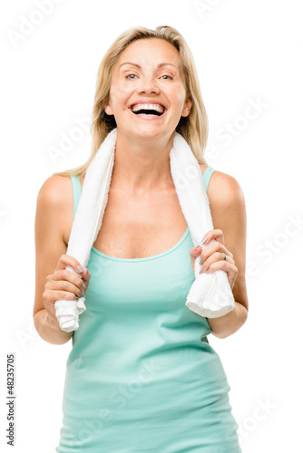 Healthy mature woman exercise isolated on white background