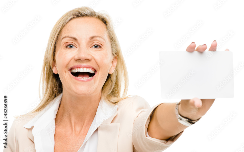 Happy woman holding placard smiling isolated on white background