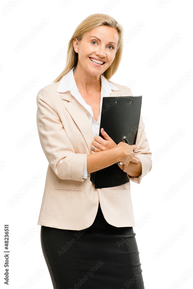 Happy mature businsswoman holding clipboard isolated on white ba
