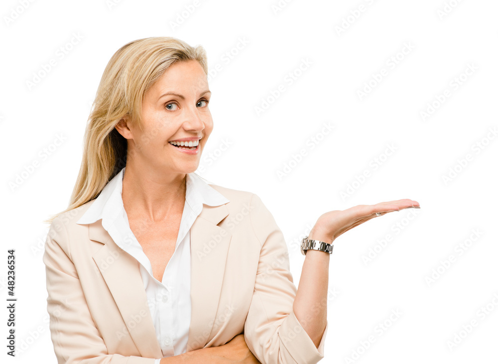 Mature woman showing empty copy space isoated on white backgroun Mature woman showing empty copy space isoated on white backgroun