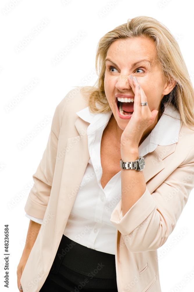 Mature woman shouting isolated on white background
