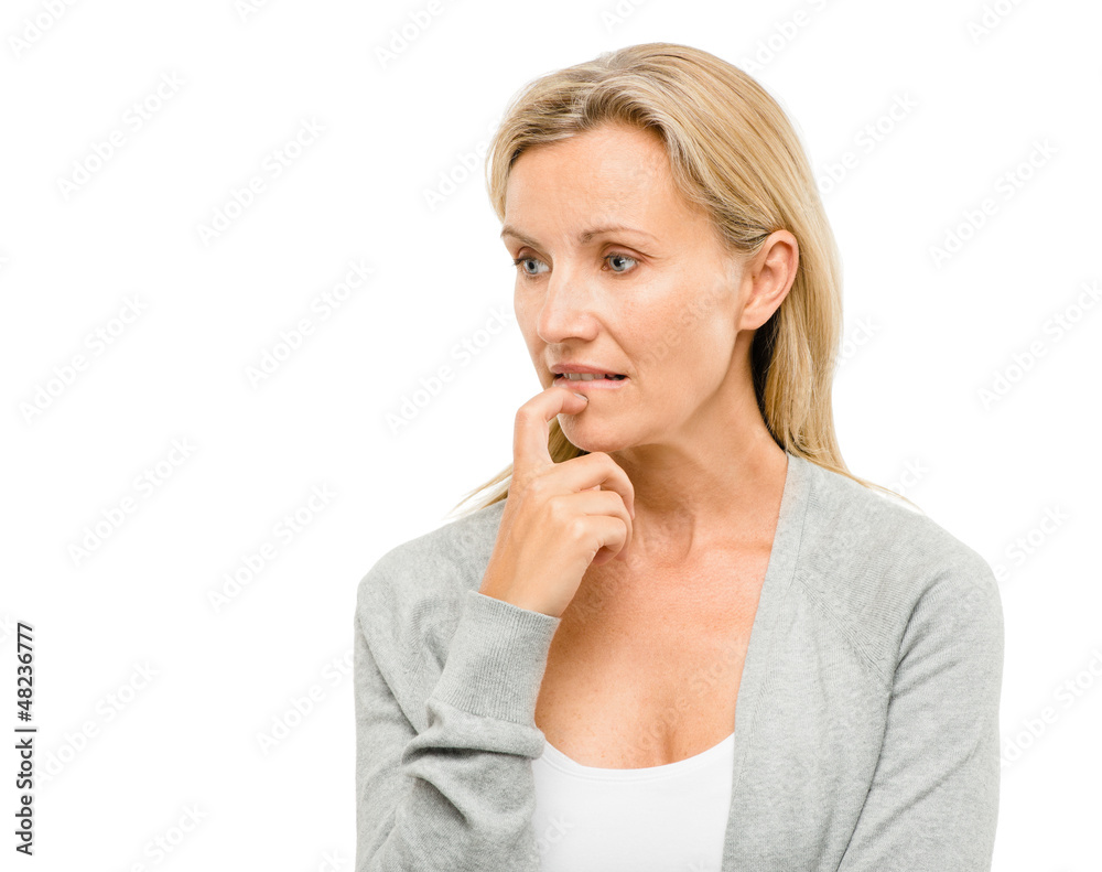 Mature woman worried about the future isolated on white backgrou