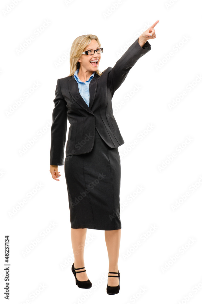 Happy mature business woman pointing isolated on white backgroun Happy mature business woman pointing isolated on white backgroun