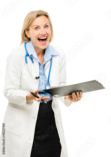 Happy medical doctor woman isolated on white background