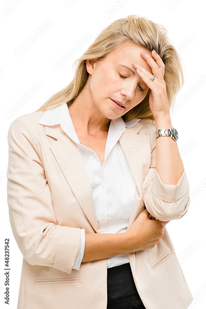 Mature woman has headache isolated on white background Mature woman has headache isolated on white background