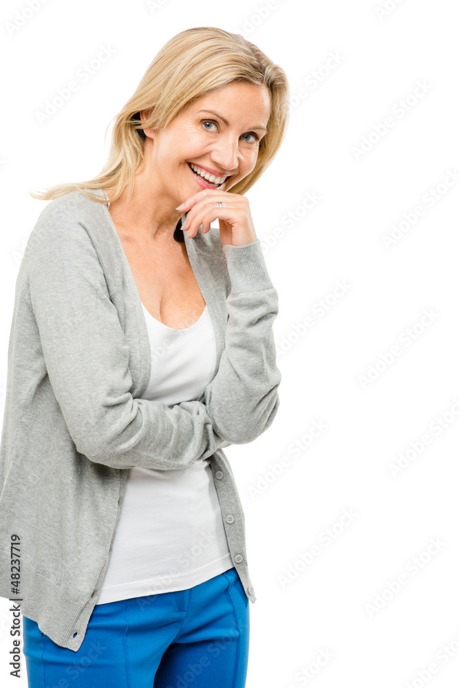 Mature woman laughing real body happy isolated on white backgrou Mature woman laughing real body happy isolated on white backgrou