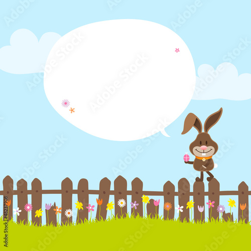 Bunny on Fence Holding Easter Egg Speech Bubble