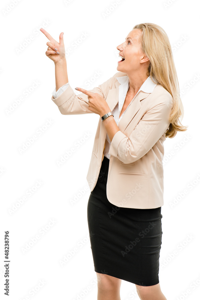Mature woman showing empty copy space isoated on white backgroun Mature woman showing empty copy space isoated on white backgroun