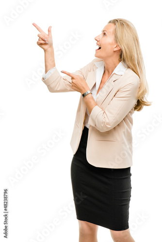 Mature woman showing empty copy space isoated on white backgroun