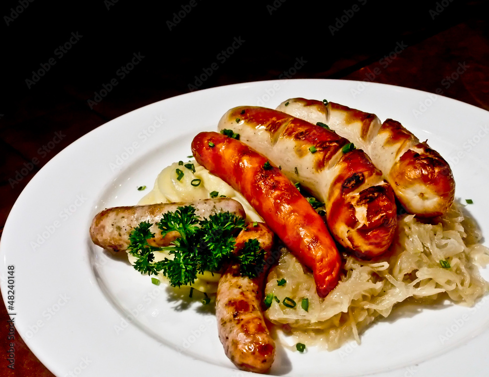 roasted sausages with sour cabbage and potato roasted sausages with sour cabbage and potato