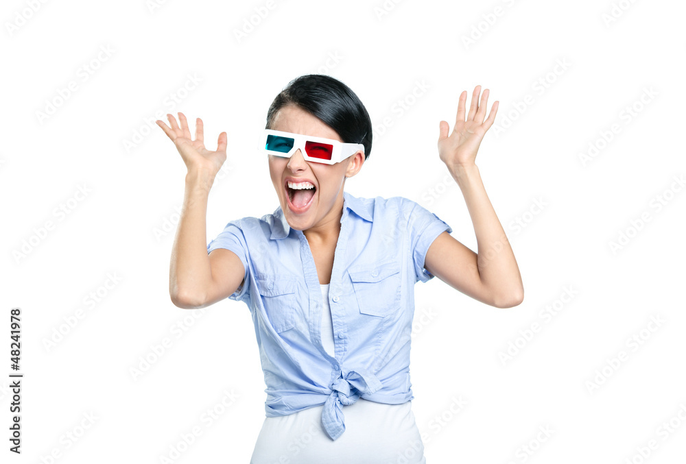 Excited girl with hands up in 3D glasses, isolated on white Excited girl with hands up in 3D glasses, isolated on white