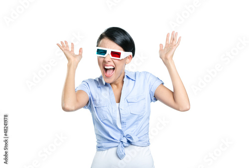 Excited girl with hands up in 3D glasses, isolated on white