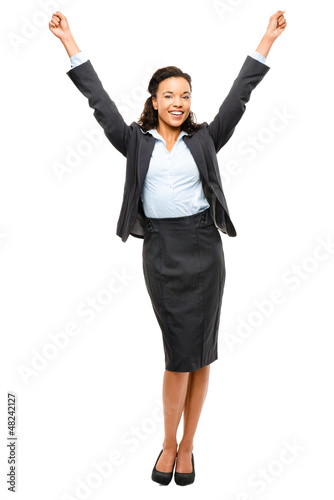 African American businesswoman celebrating success isolated on w