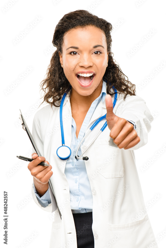 African American Doctor thumbs up isolated on white background African American Doctor thumbs up isolated on white background