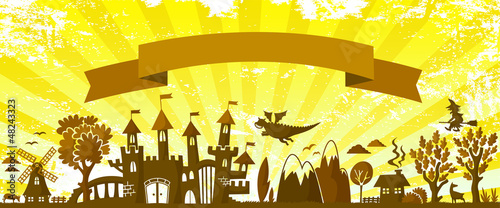 fairytale themed silhouette on grungy background