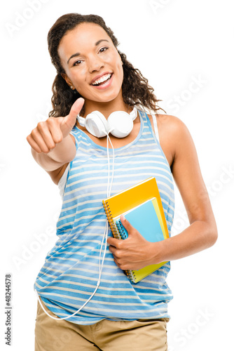 Happy mixed race woman student thumbs up