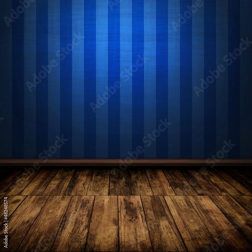 Dark vintage blue room interior with wooden floor